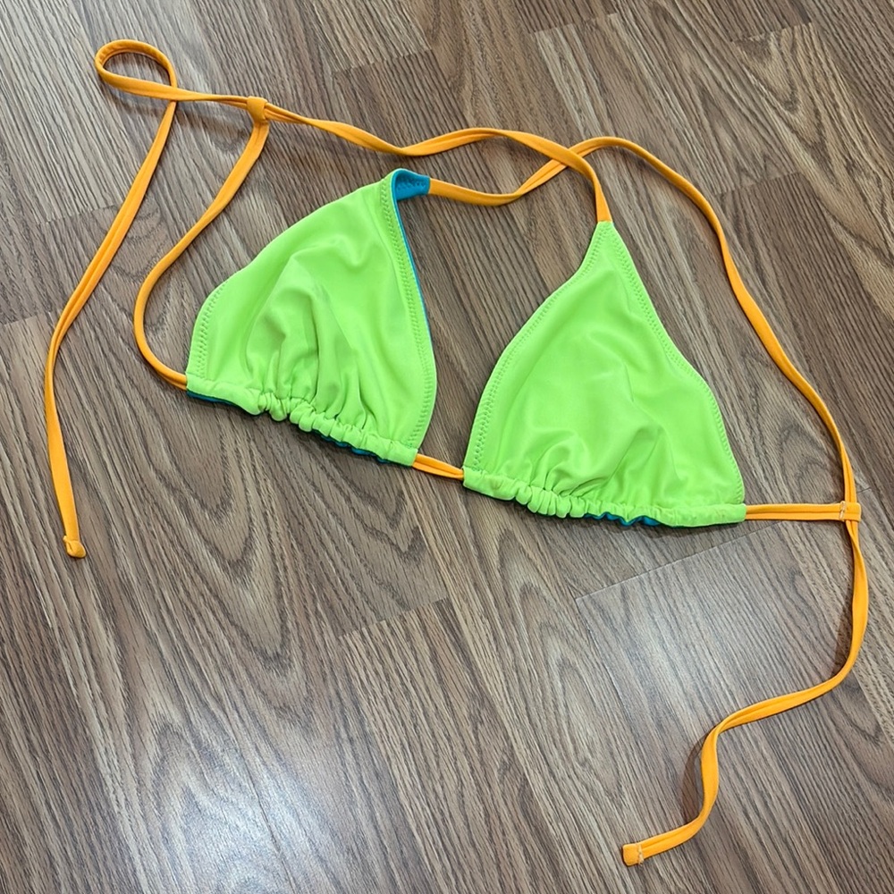 Blue and Orange Bikini Top and green triangle swim bikini top